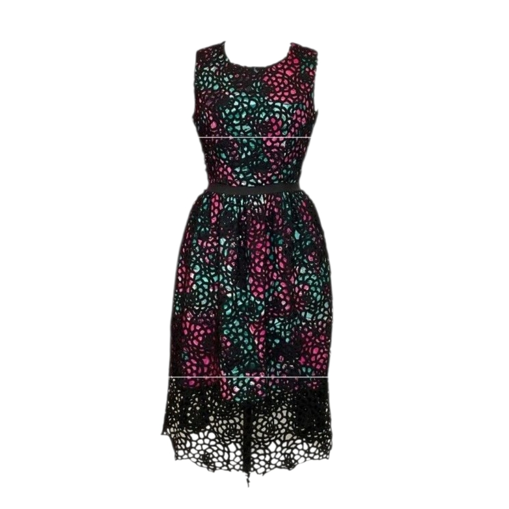 Anthropologie Wolven Black Midi Dress Pink and Blue Accents
